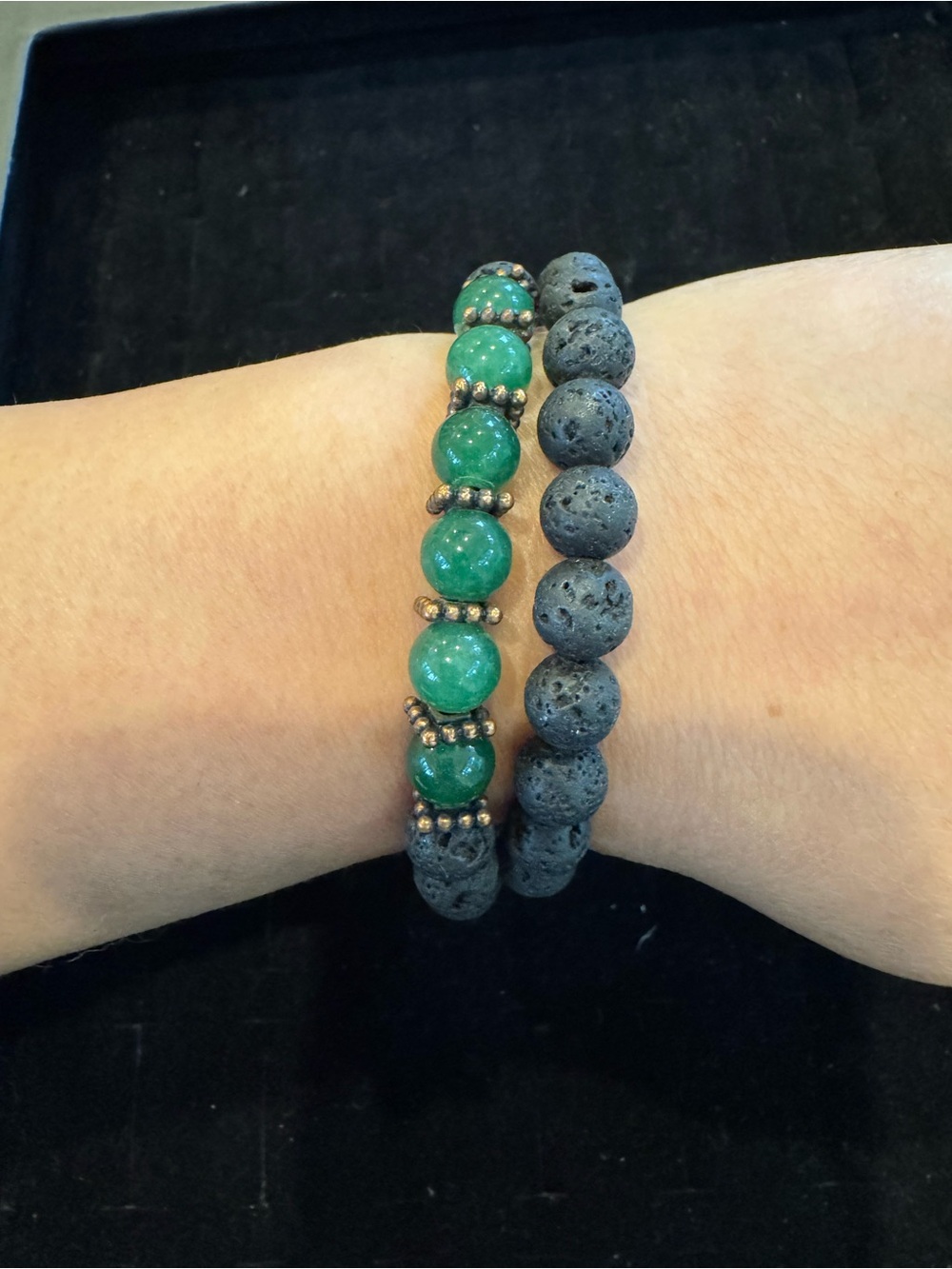 Black Lava Stone Green Beaded Stretch Bracelet Boho Stackable Jewelry